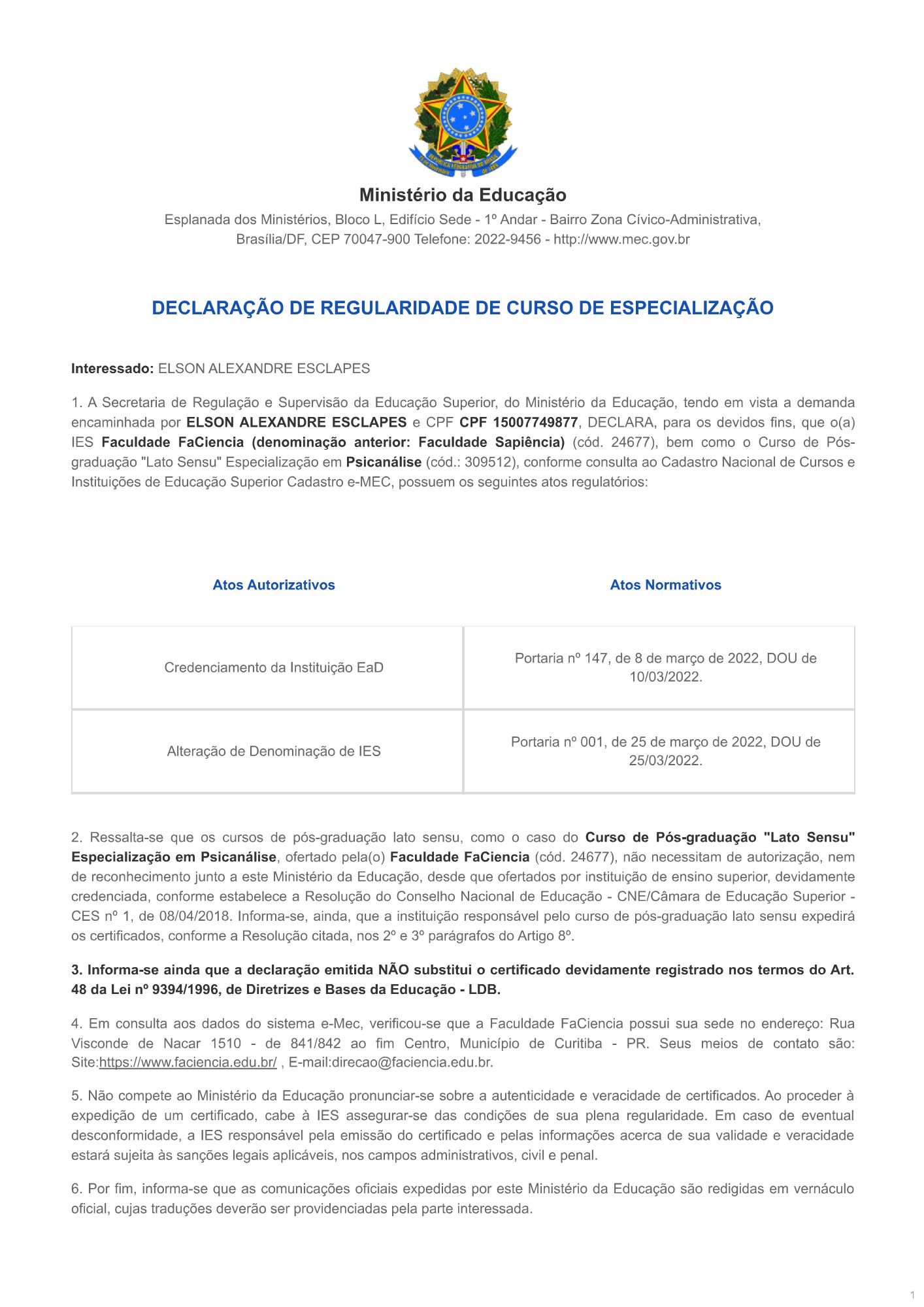 CREDENCIAL%20-%20Especializacao%20em%20Psicanalise%20-%20MEC Curso credenciado pelo MEC