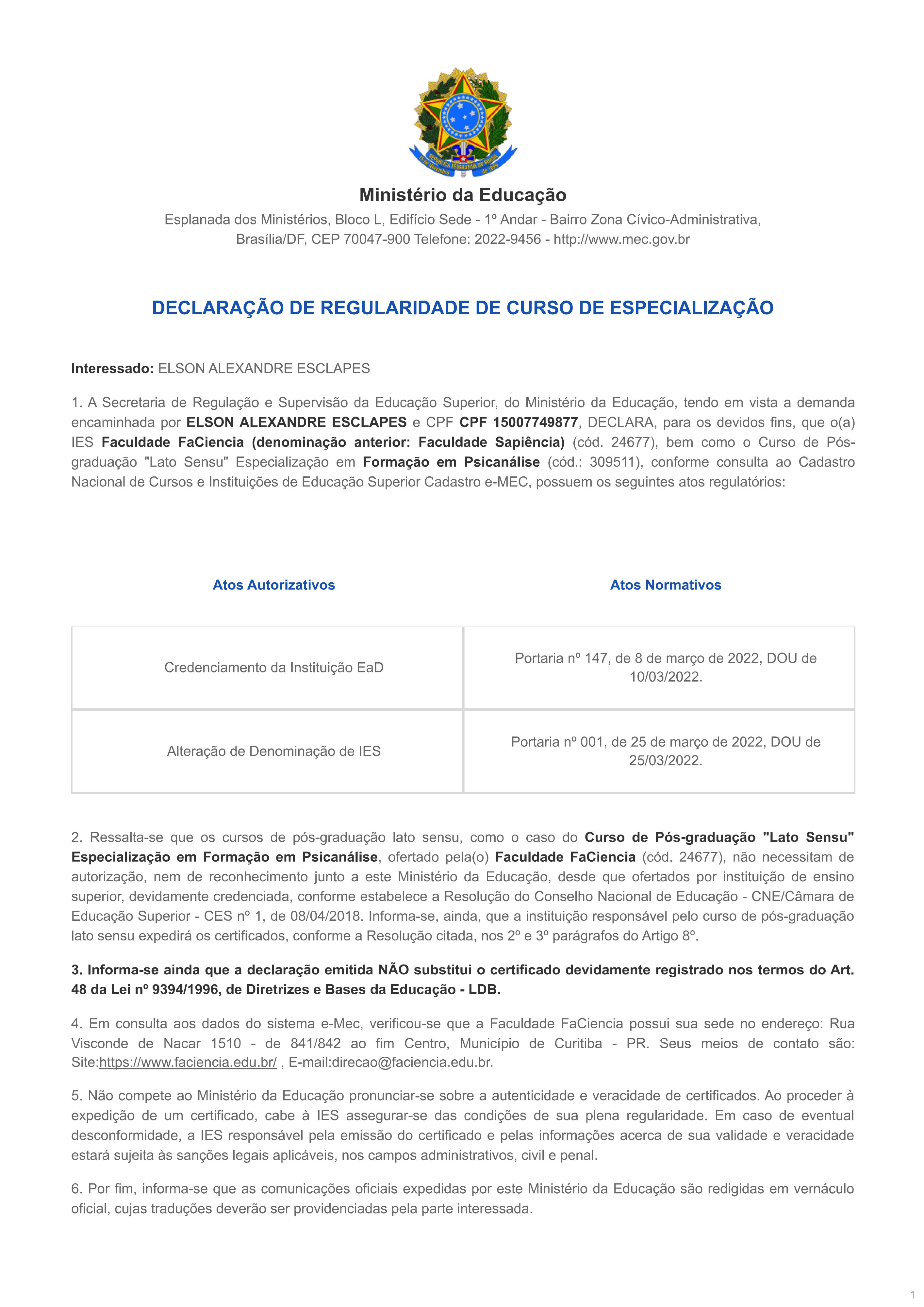 CREDENCIAL - Formacao em Psicanalise - MEC Curso credenciado pelo MEC